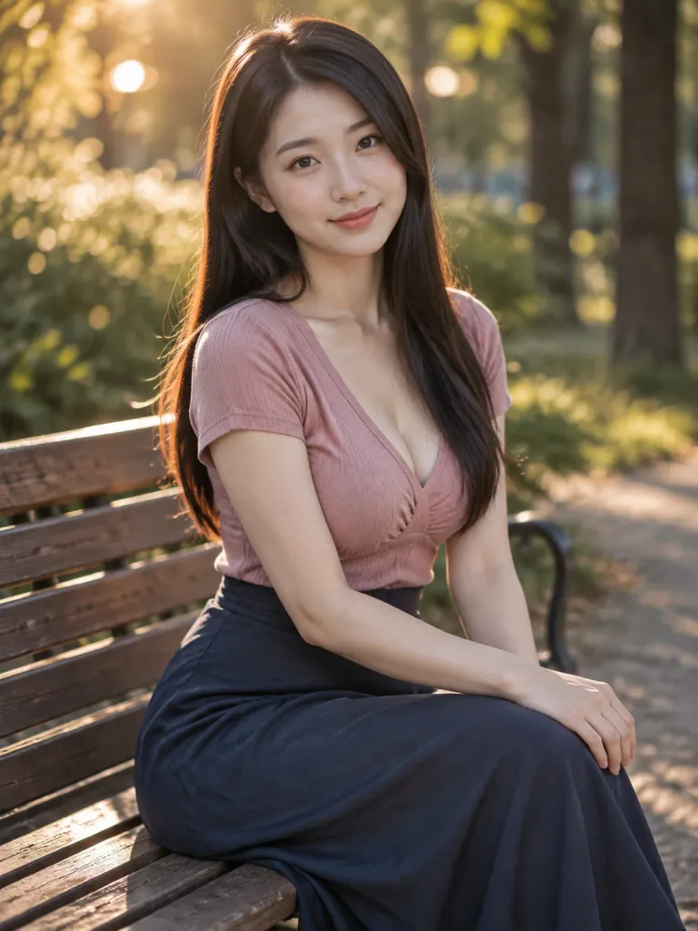夕暮れの公園ベンチに佇む女性ポートレート