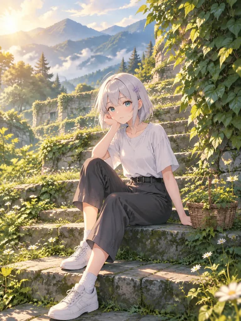 Anime Girl on Sunlit Steps