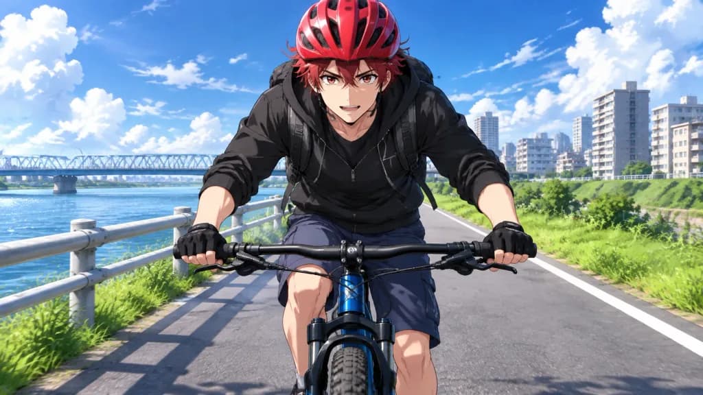 Anime Cyclist on Urban Riverbank