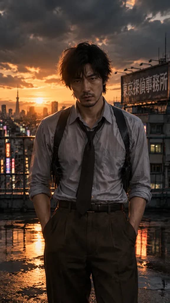 Noir Tokyo Detective on Wet Rooftop