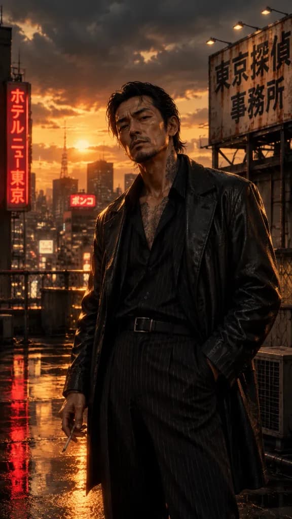 Japanese Noir Detective on Tokyo Rooftop