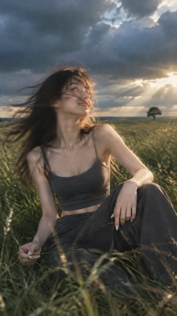 Candid Woman Turning Toward Sunlight in Meadow