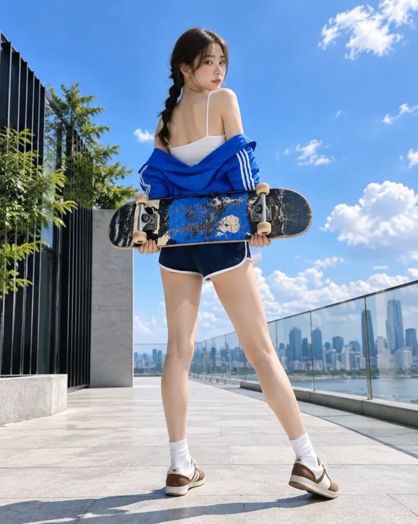 Urban Skateboarder Rooftop Fashion Portrait