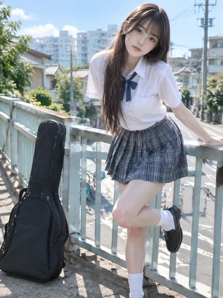 夏日天橋制服吉他少女肖像
