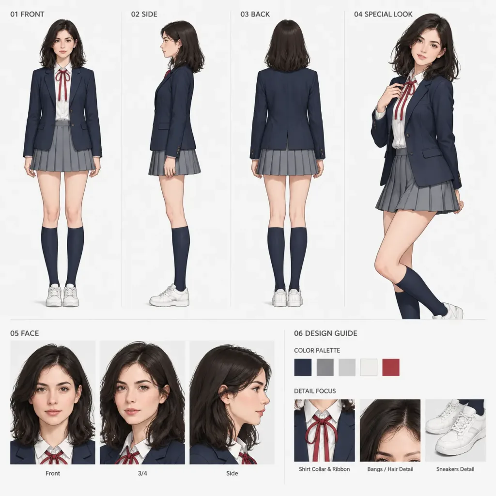 Anime Multi-Angle Character Model Sheet
