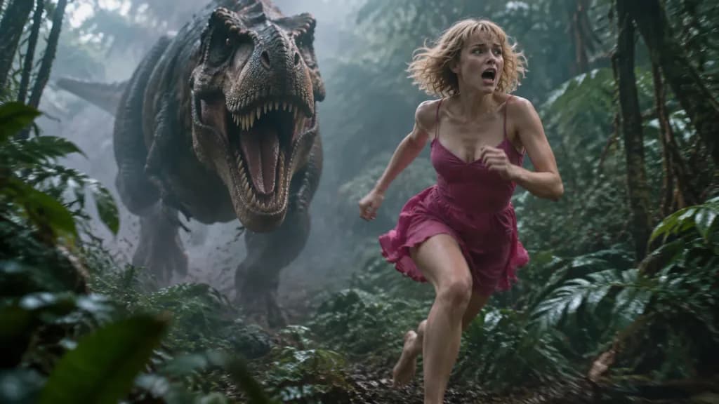 Frau auf der Flucht vor brüllendem T-Rex