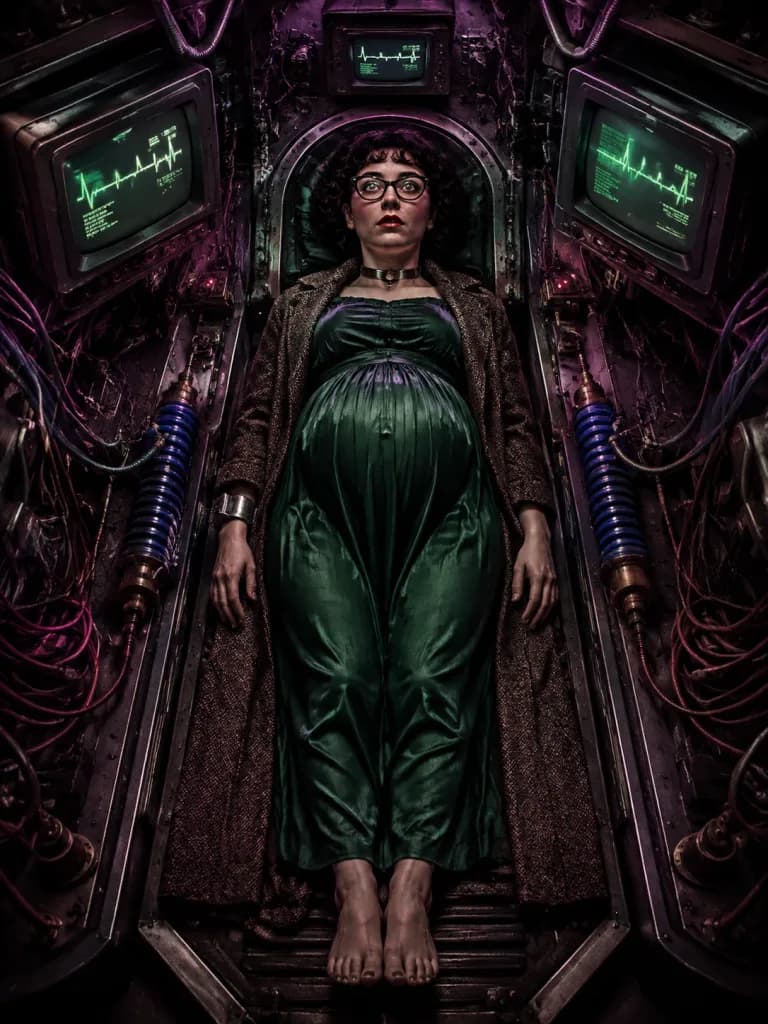 Pregnant Woman in Retro Sci-Fi Chamber