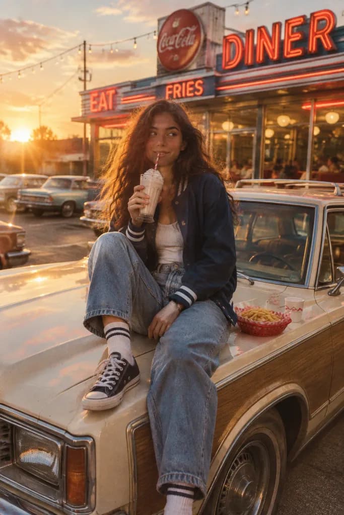 Retro Diner Milkshake Golden Hour Portrait