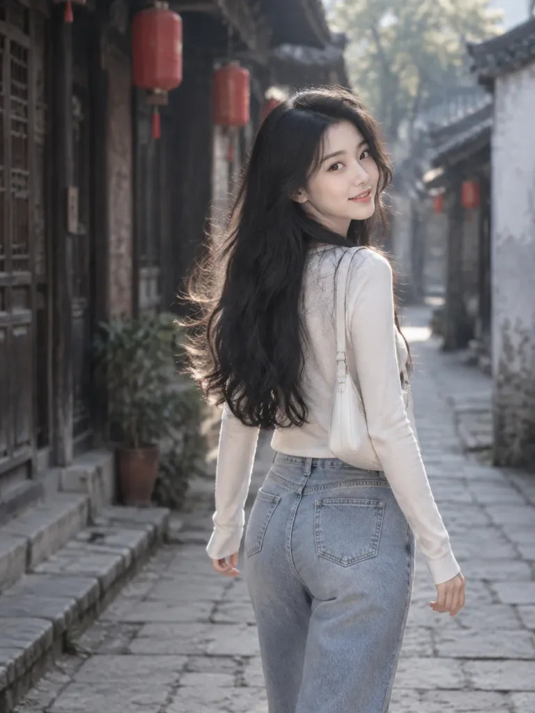 Woman Walking in Ancient Chinese Alley