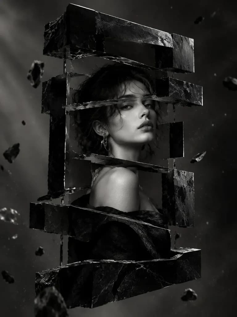 Surreal Monochrome Floating Monolith Portrait