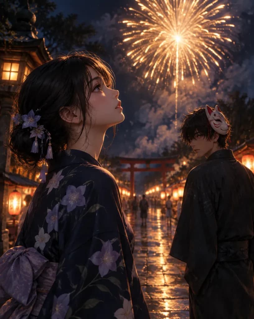 Summer Shrine Festival Fireworks Scene