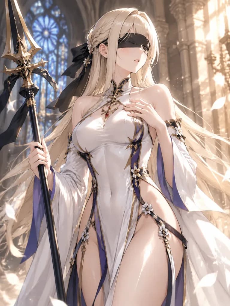 Blindfolded Fantasy Priestess in Cathedral