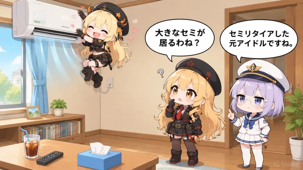 エアコンに抱きつくちびキャラ1コマ漫画