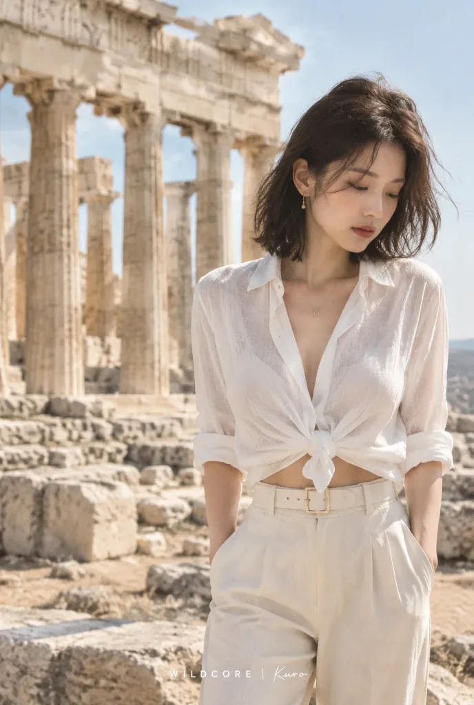 古代遺跡でのリネンファッションポートレート
