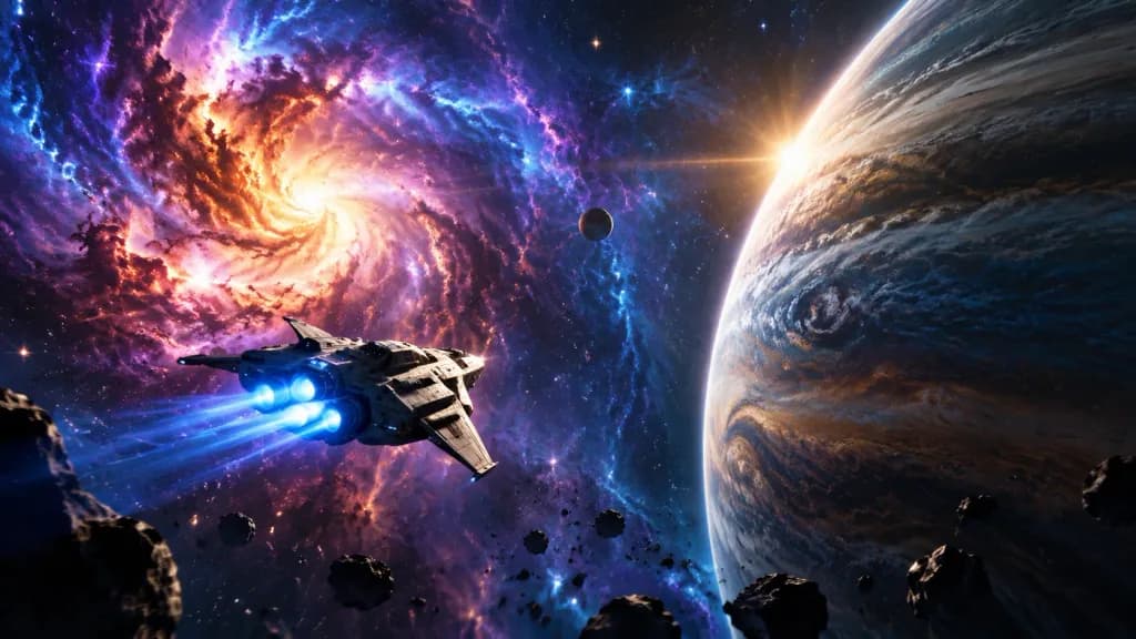 Space Vessel Between Nebula and Planet