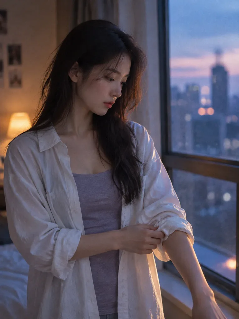 창가의 동아시아 여성 필름 인물 사진
