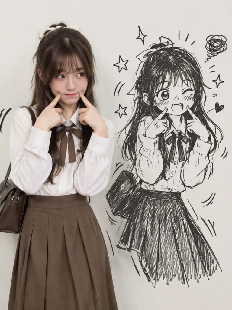リアルな人物と手描き落書きの影ポートレート
