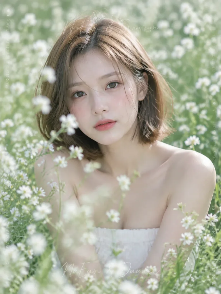 野花畑の韓国風エディトリアルポートレート