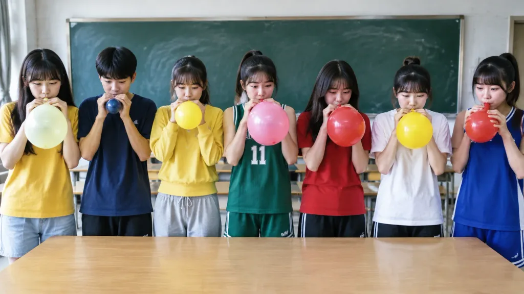 教室で風船を膨らませる生徒たち