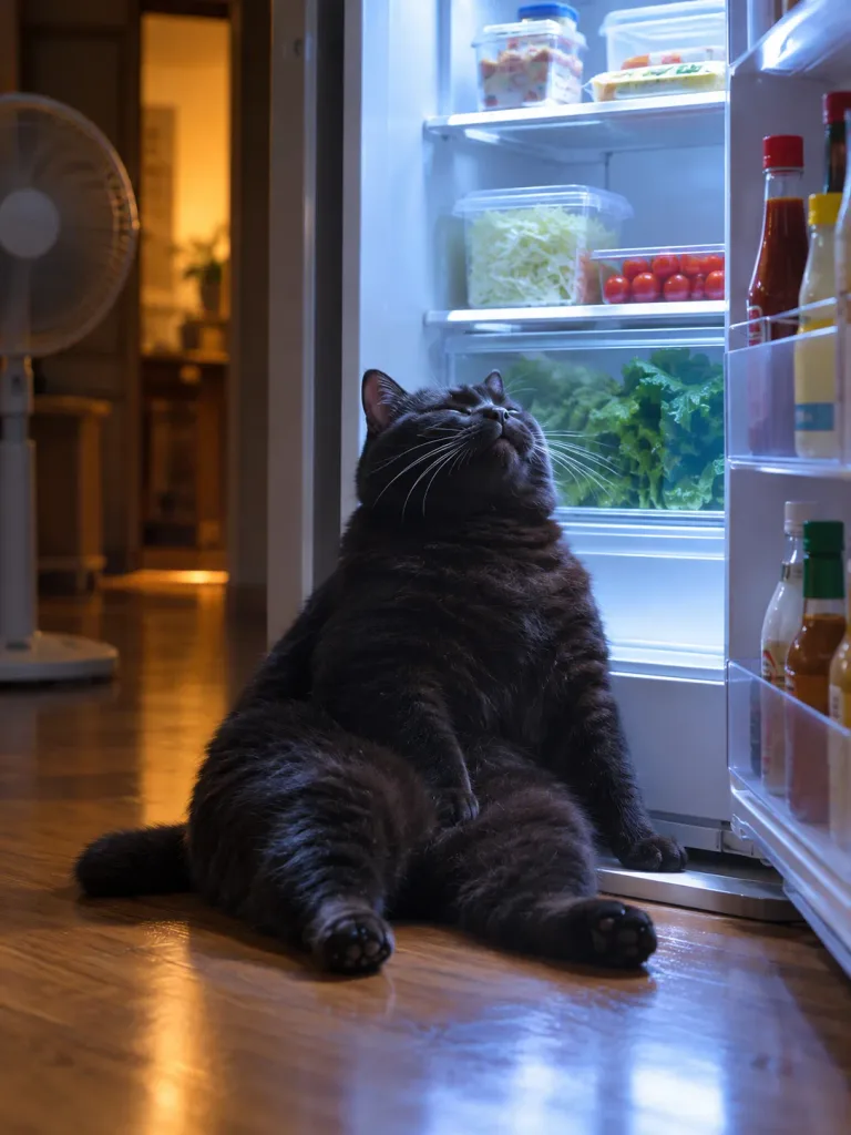 Cat Cooling by an Open Fridge