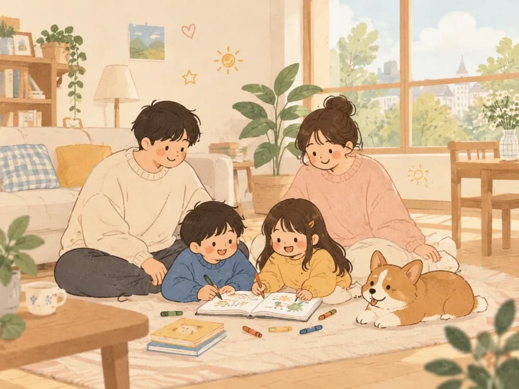 溫馨繪本風家庭日常插畫