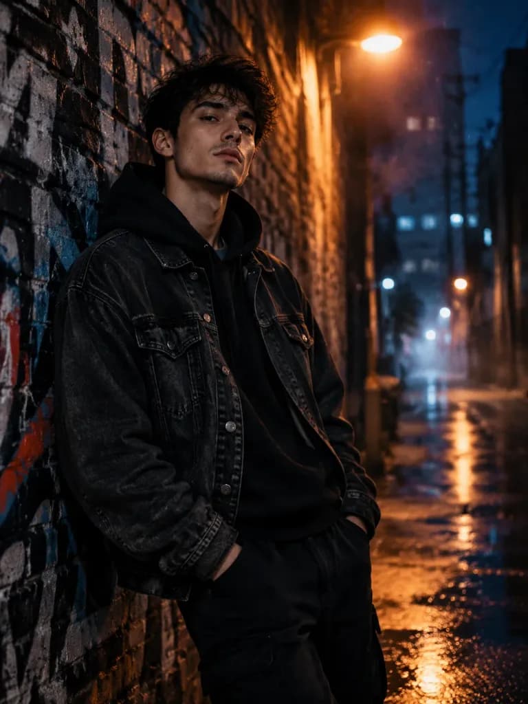 夜の路地裏ストリートウェアポートレート