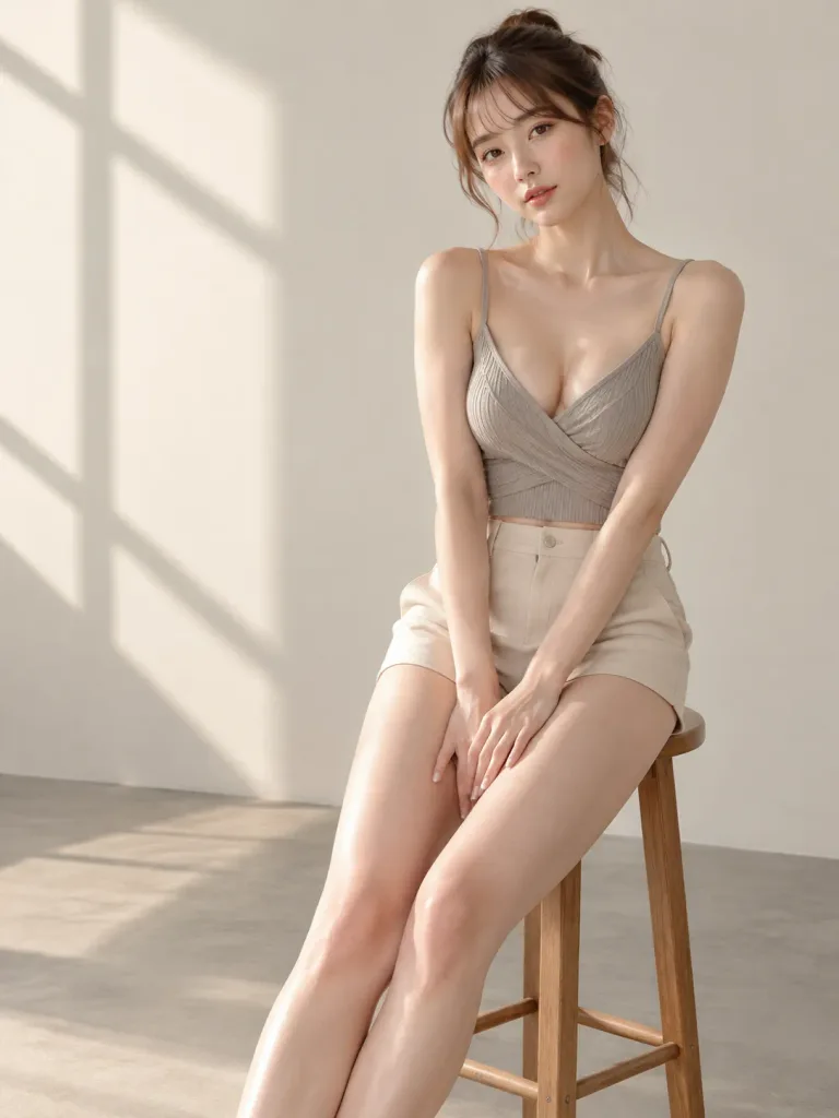 원목 스툴의 미니멀 패션 포트레이트