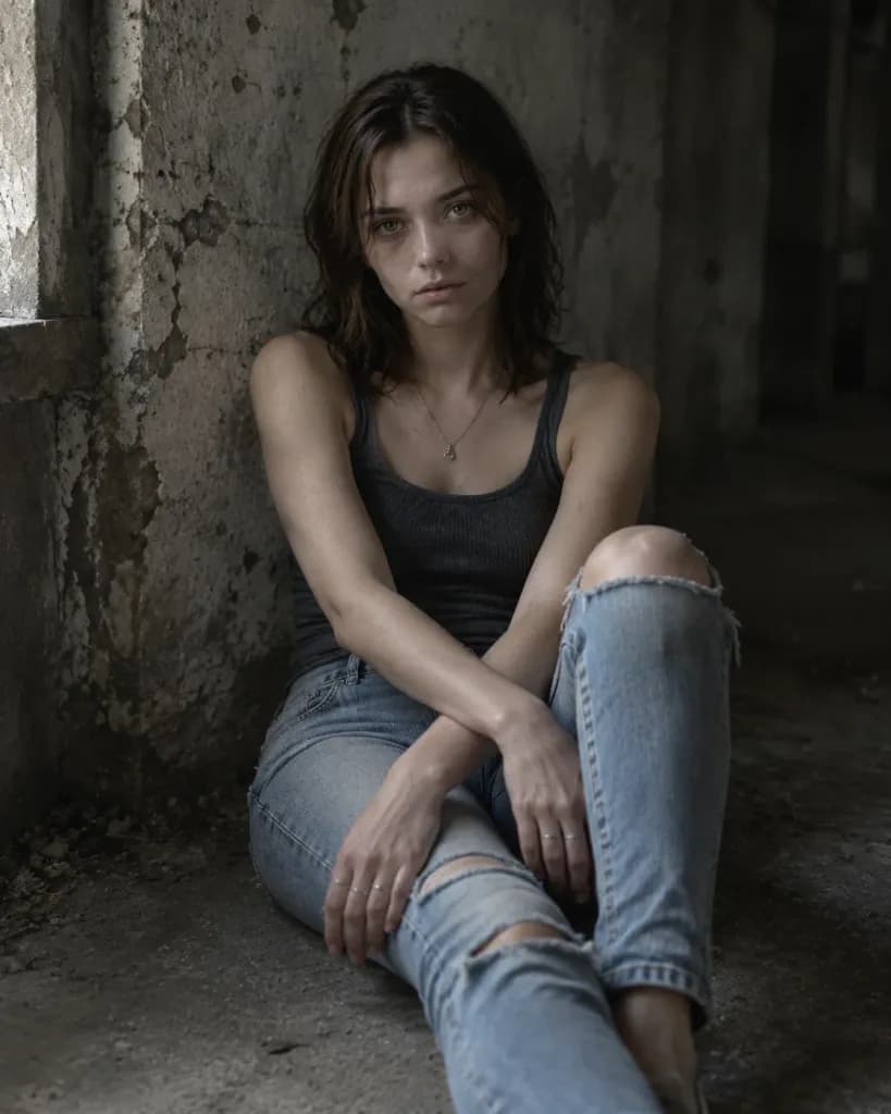 Melancholic Portrait in Concrete Room