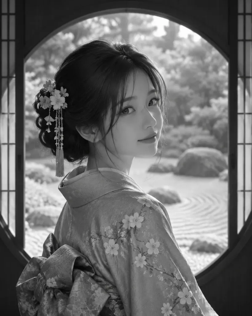 Monochrome Kimono Portrait Through Moon Window