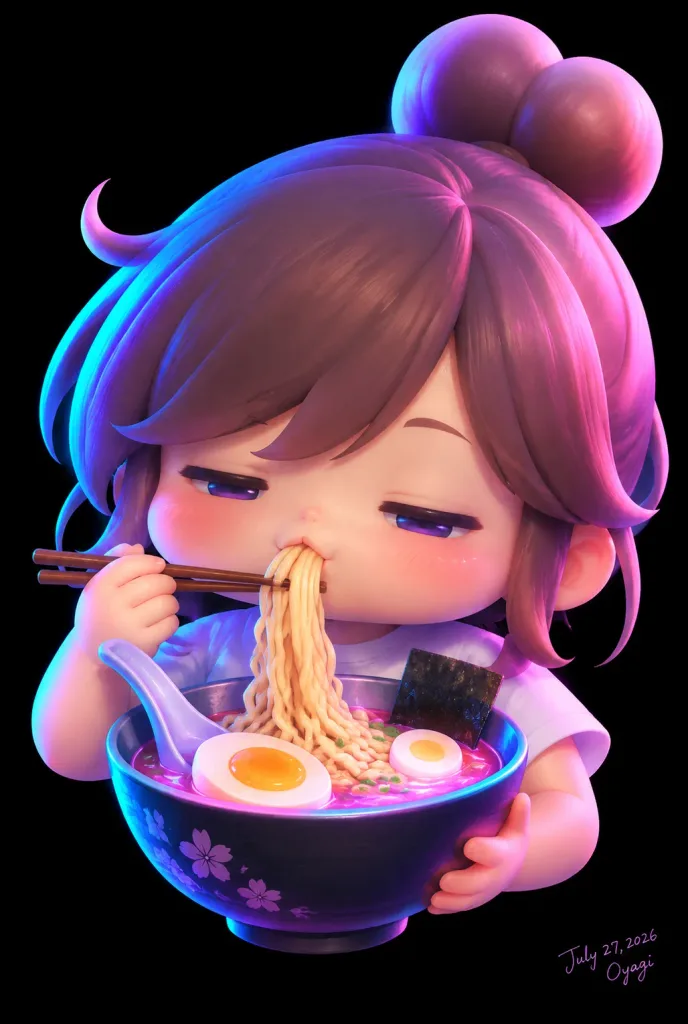 Neon Chibi Girl Eating Ramen