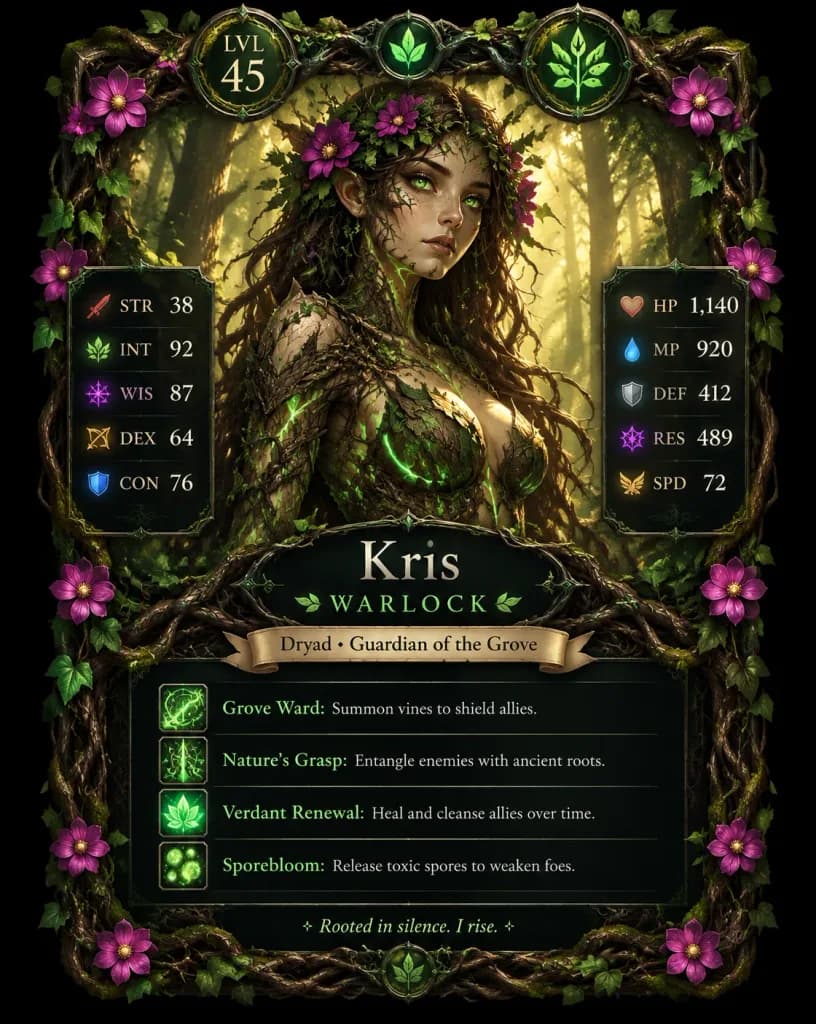 Fantasy Dryad Warlock RPG Character Card