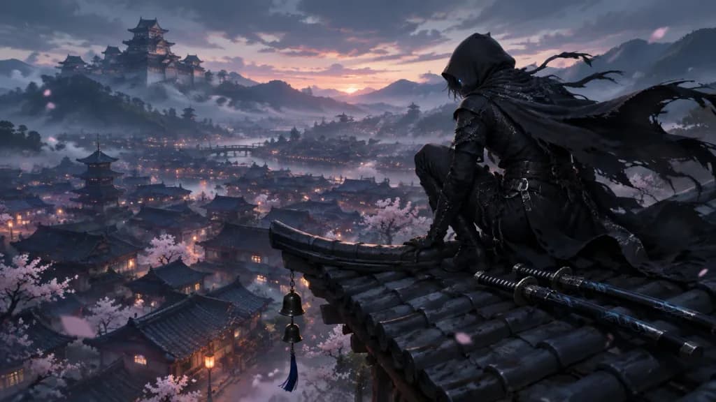 Hooded Shinobi Overlooking Castle Town