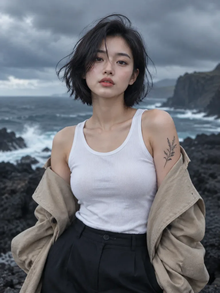 火山岩海岸のエディトリアルファッションポートレート