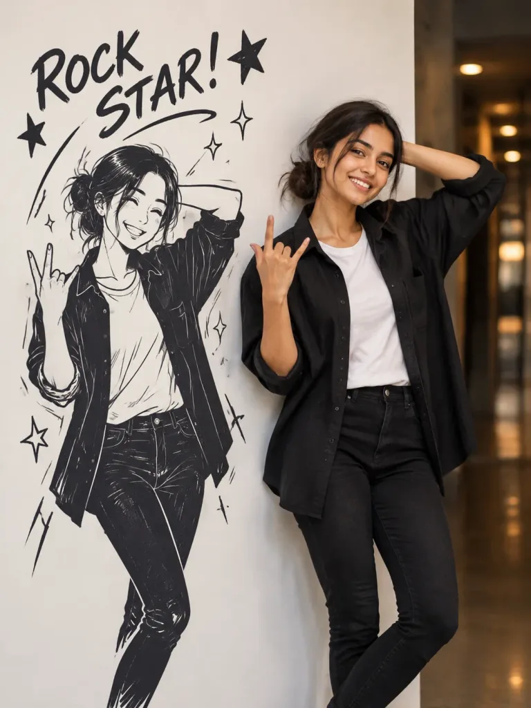 実写女性と線画カートゥーンの対比ポートレート