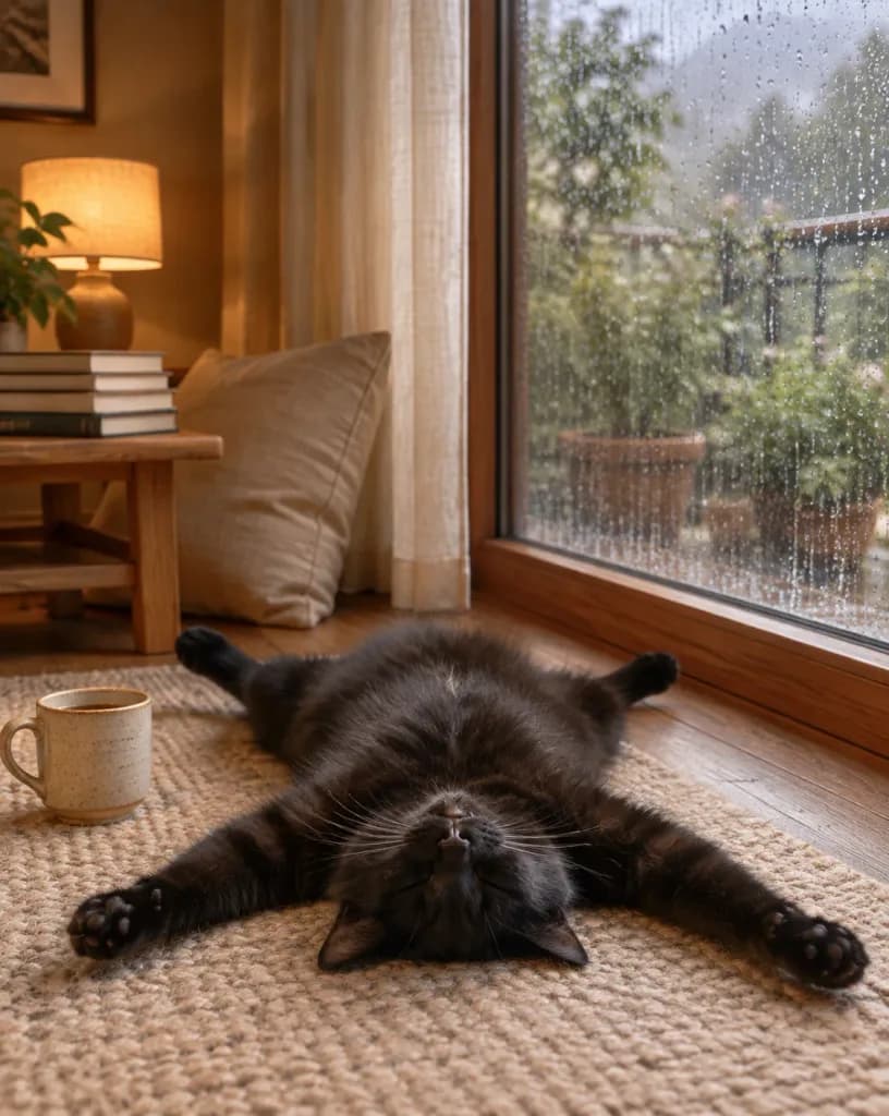 Cozy Cat Napping on Rainy Day