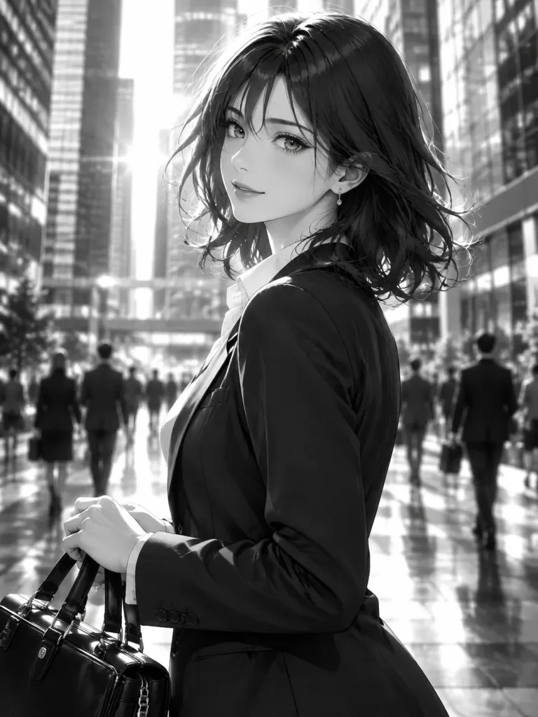 都市のモノクロ漫画風ビジネスウーマン
