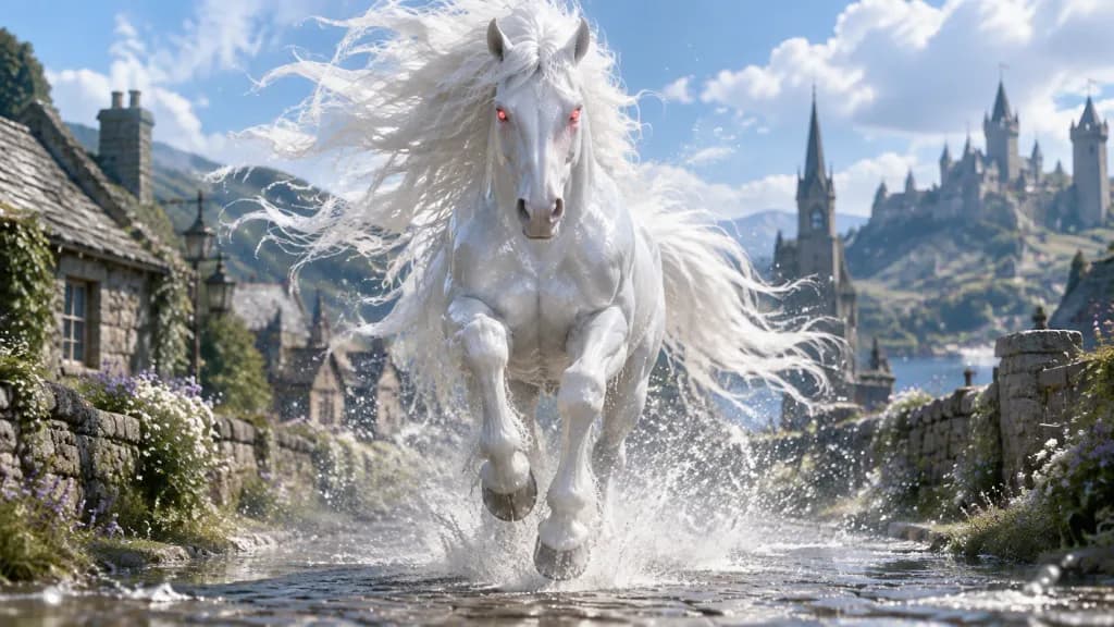 Albino Kelpie Galloping Through Village