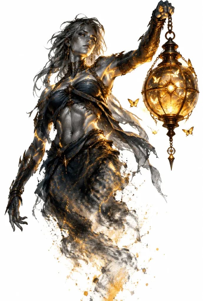 앰버 에이돌론 흑연 소묘와 네온 RPG 콘셉트