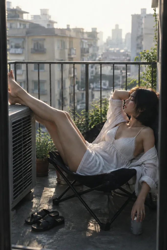 Donna che riposa sul balcone