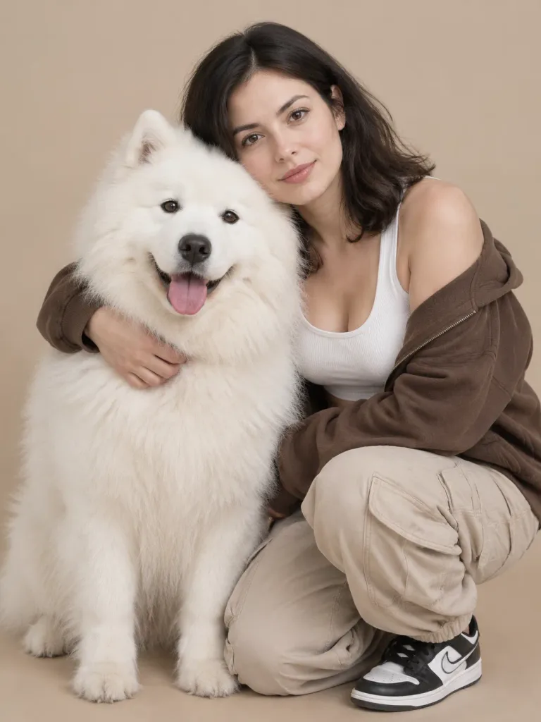 大型犬と女性のスタジオポートレート