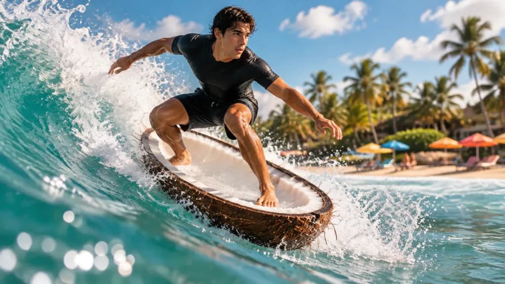 Surfer Riding a Giant Coconut Shell