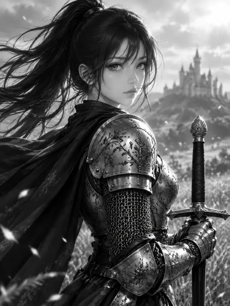 Monochrome Anime Female Knight Portrait