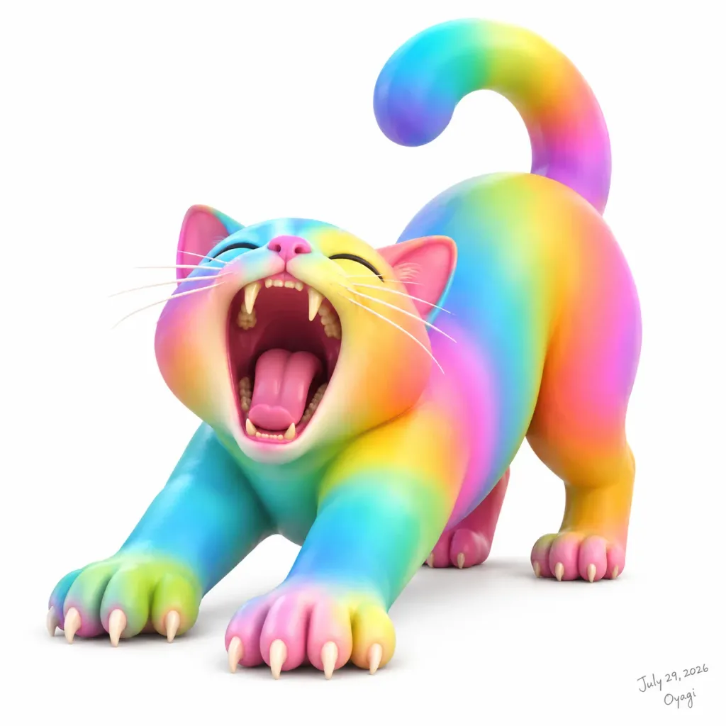 Rainbow Pastel 3D Yawning Cat