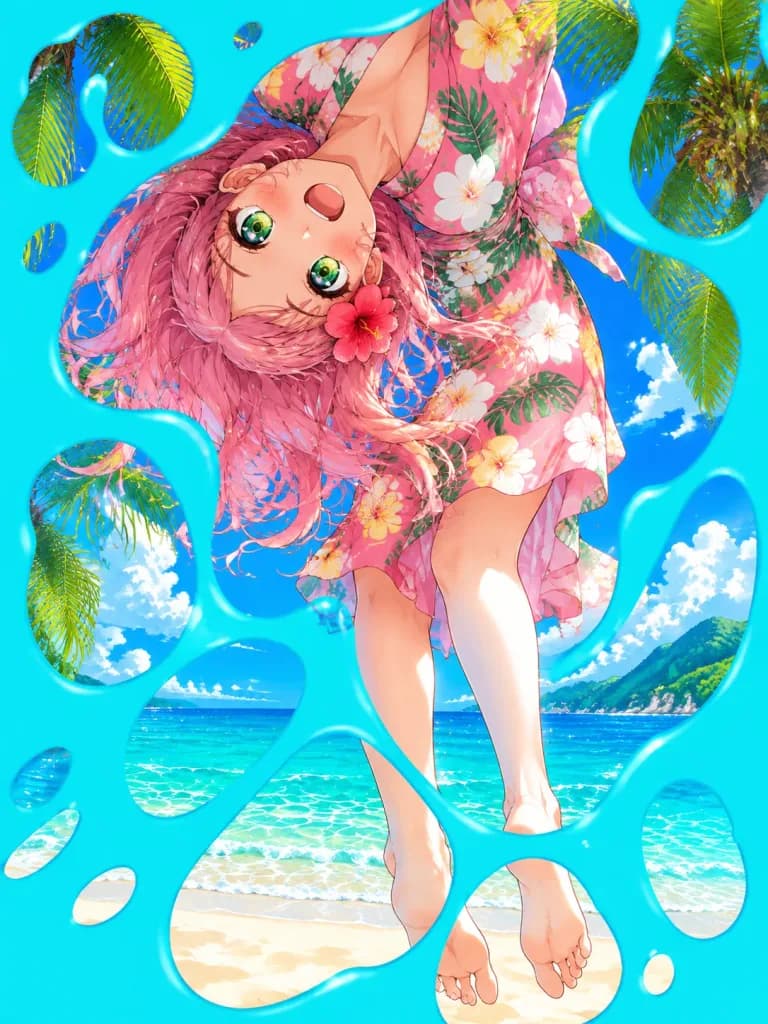 アニメ風ビーチスプラッシュのトリックアート