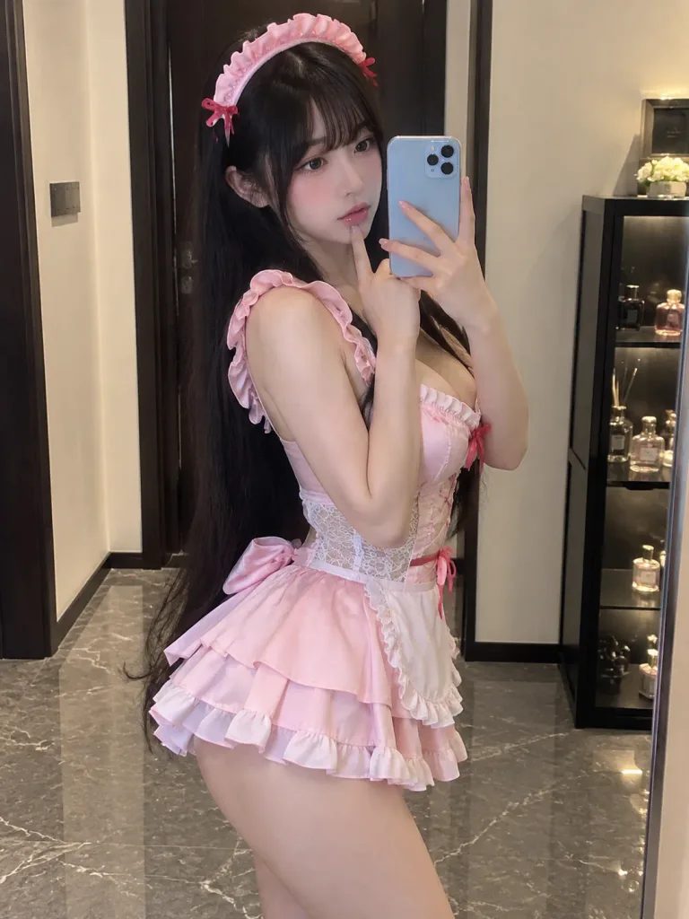 Selfie allo Specchio in Abito da Maid Rosa