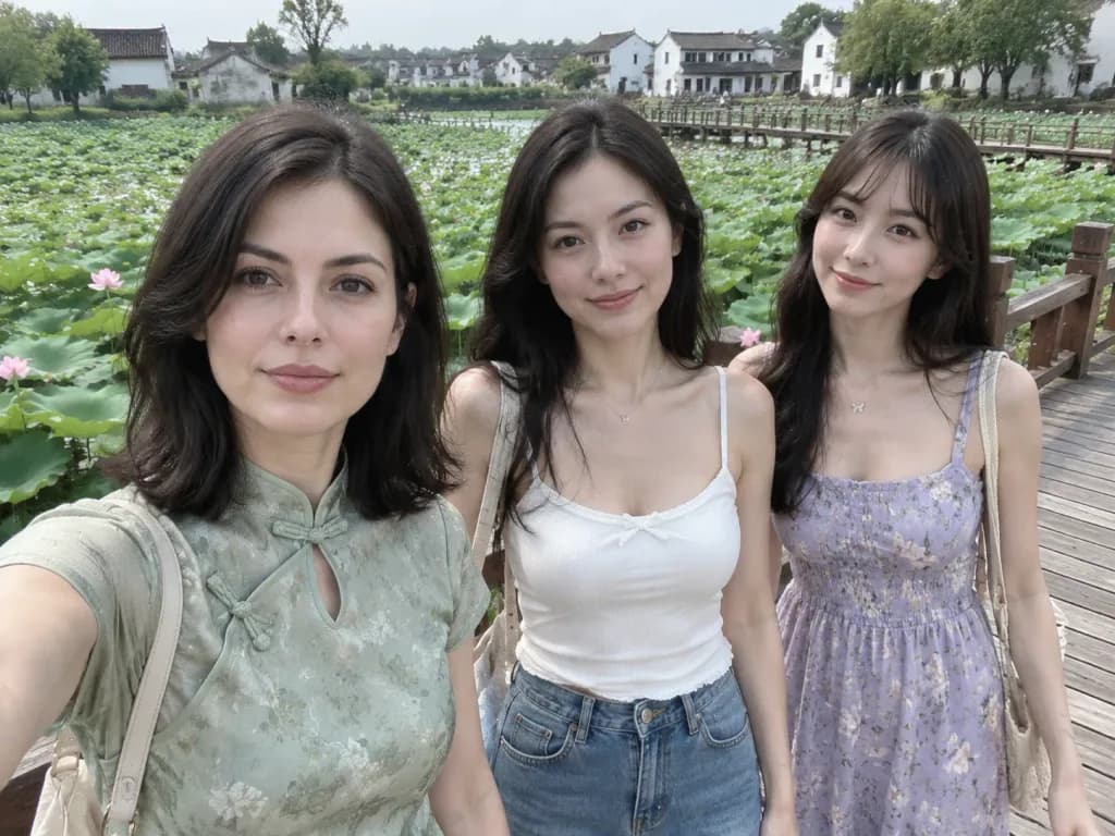 蓮池沿いの田舎スナップポートレート