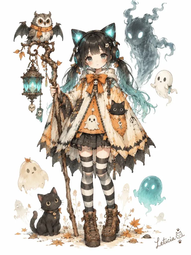Watercolor Cat-Ear Halloween Witch Character