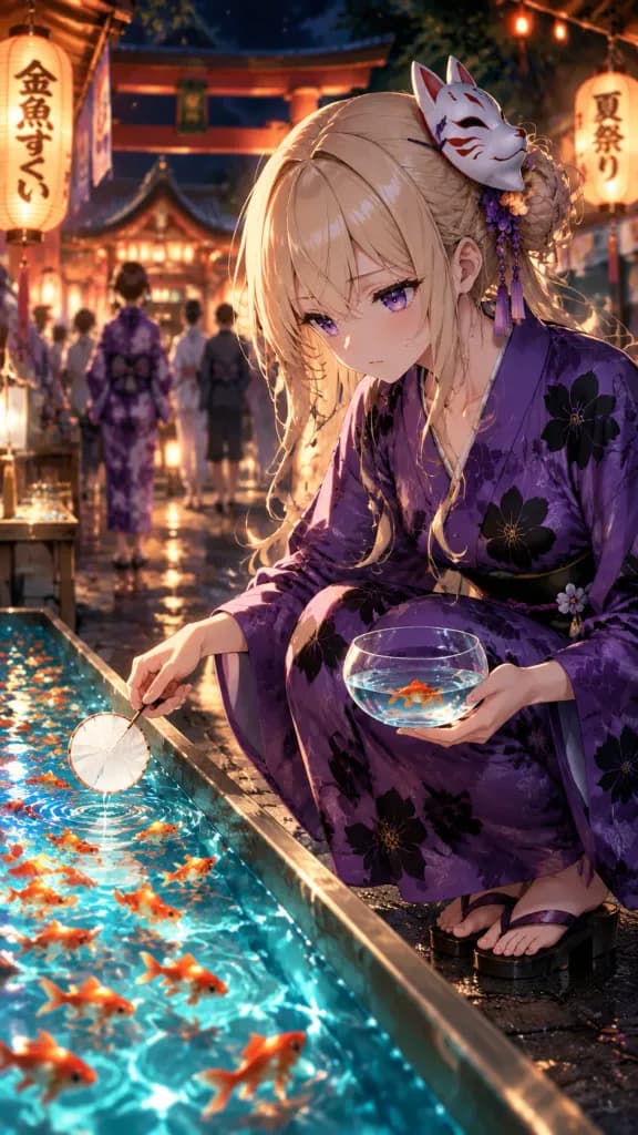 夏祭りの金魚すくいアニメ美少女