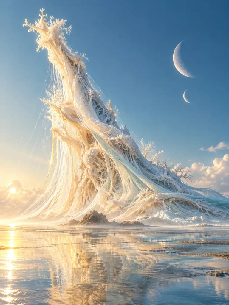 Surreal Alien Shoreline with Organic White Veil Mountain