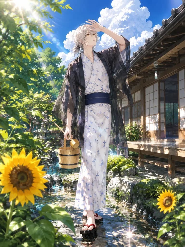 Joven en Yukata en Jardín Japonés de Verano